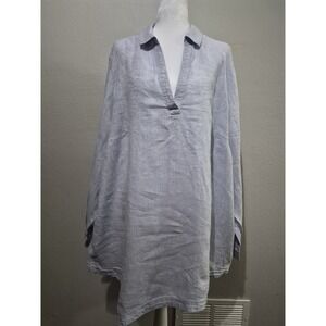 Christian Siriano 100% Linen Tunic Top Womens 2X Long Roll Tab Sleeves Blue